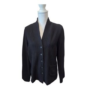 Eileen Fisher Black Ribbed Button Front Cardigan Jacket J8758M Mens M USA Fabric